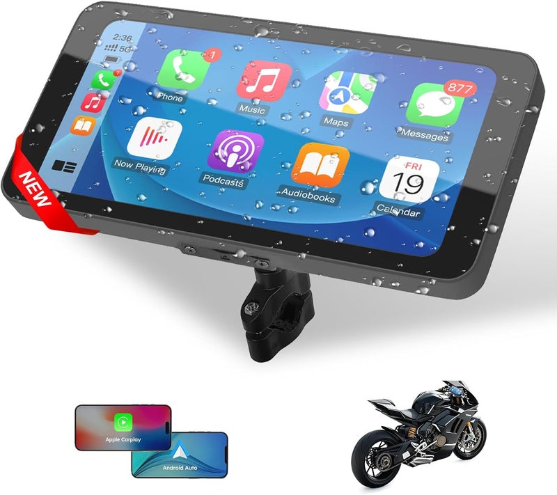 MITNOTY Motorcycle CarPlay & Android Auto, 6.5 Inch Wireless Carplay Screen with GPS Navigation, IP67 Waterproof Touchscreen, Bluetooth, Portable Screen for Motorbike, Dual Bluetooth, Siri, G-Assist - Image 1